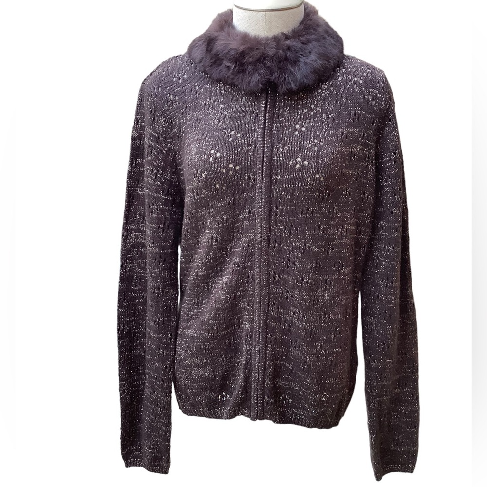 ESCAPADE ZIP UP SWEATER WITH DETACHABLE‎ RABBIT FUR COLLAR. BROWN & GOLD.…